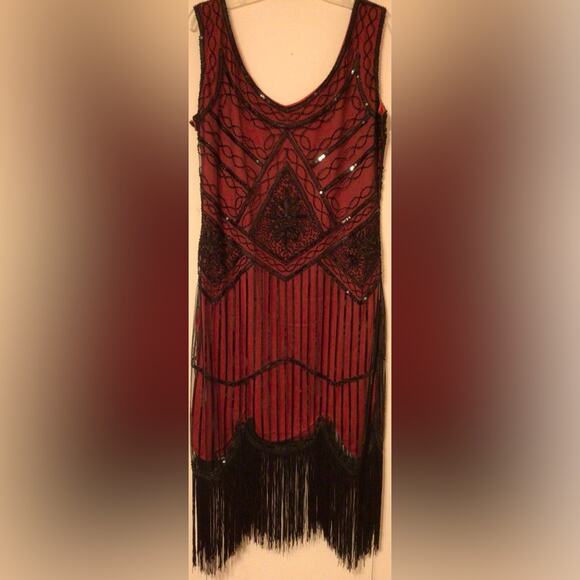 Fundaisy Red & Black Sequin Fringe 1920's Flapper Dress size 3XL - Picture 3 of 5